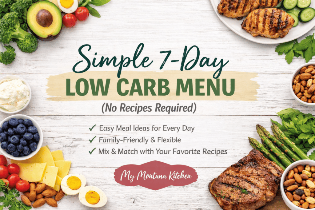 Simple 7-day low carb menu graphic with protein and vegetable meal ideas, labeled “Simple 7-Day Low Carb Menu (No Recipes Required)” from My Montana Kitchen.