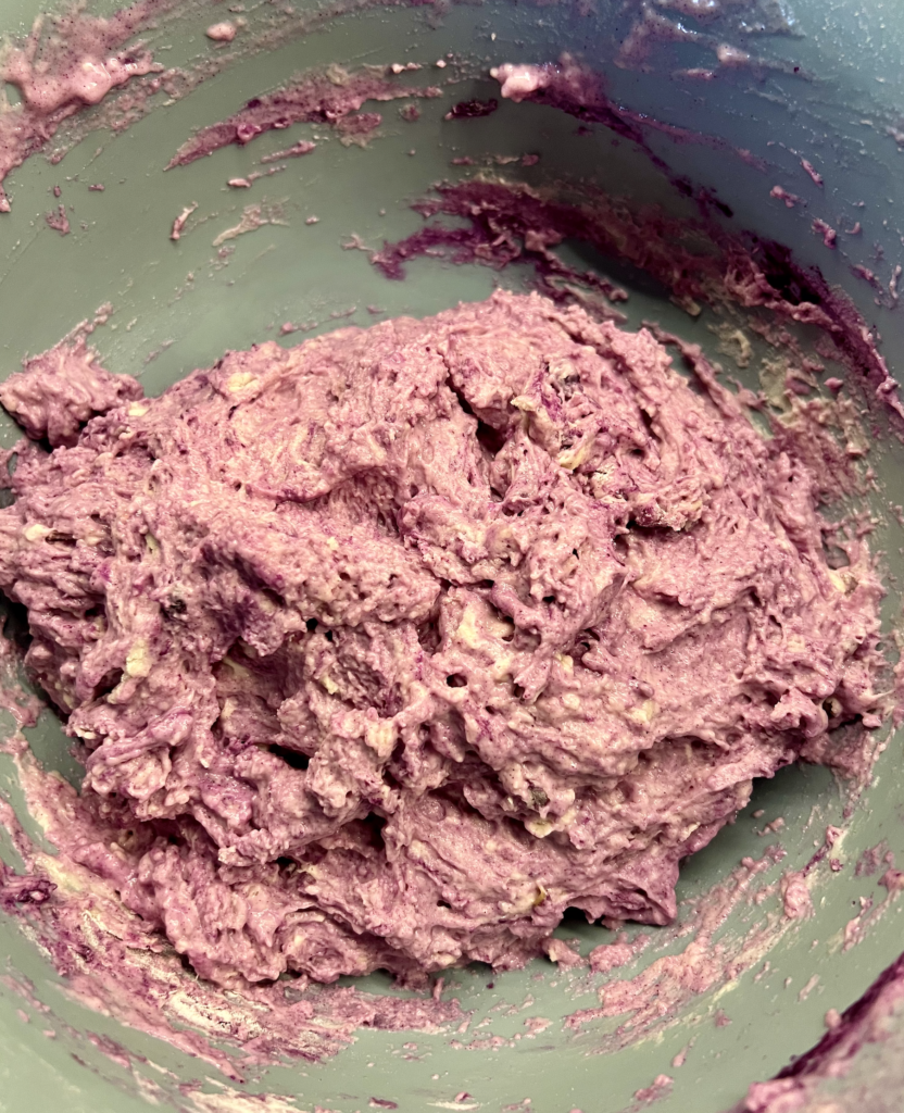 Purple sourdough sandwich bread dough after mixing, showing naturally colored dough made with ube powder and sourdough starter