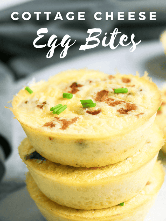Stacked cottage cheese egg bites with bacon and chives topped with text reading “Cottage Cheese Egg Bites.”