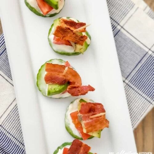 keto blt bites on white plate pinterest image